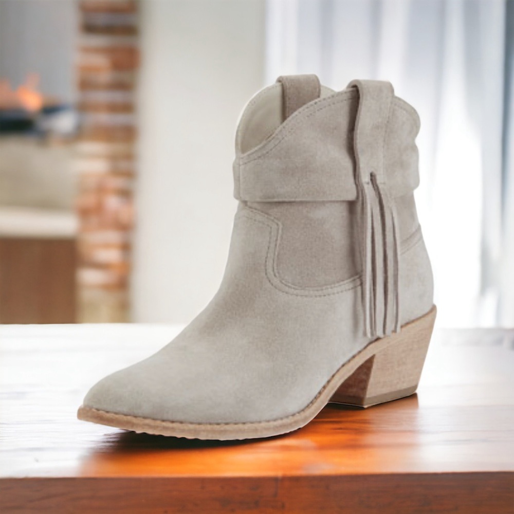 JOIE KEATON Suede Fringe Chelsea Western Boot 2”Heel Pull On Point Toe Size 38.5